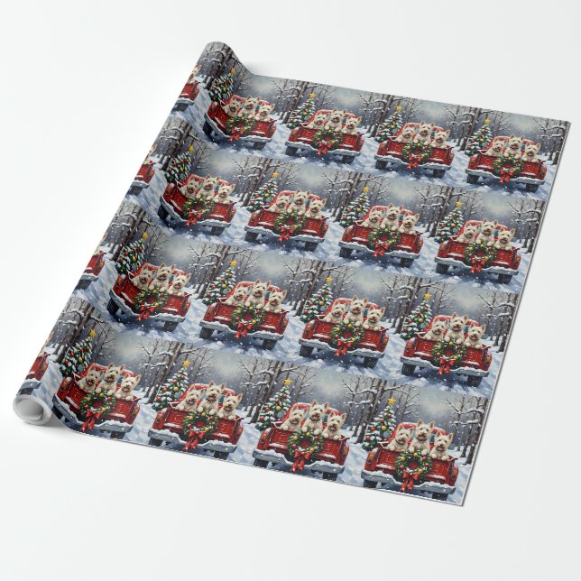 West Highland White Terrier Christmas Red Truck Presentpapper (Utrullad)