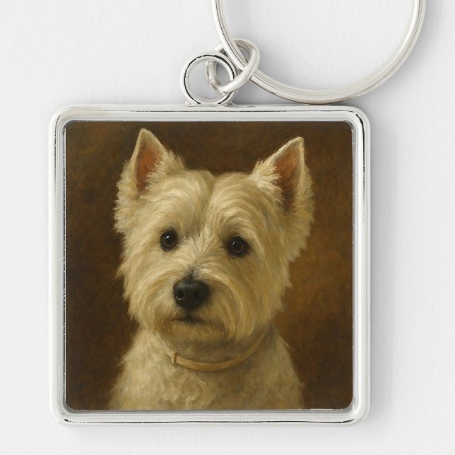 West Highland White Terrier Fyrkantig Silverfärgad Nyckelring (Framsidan)