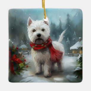 West Highland White Terrier Hund i Snö Jul Julgransprydnad Keramik