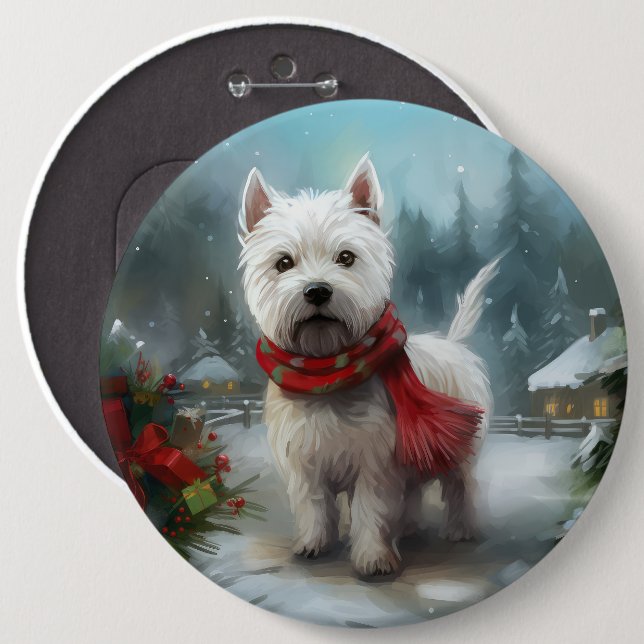 West Highland White Terrier Hund i Snö Jul Knapp (Framsida & baksida)