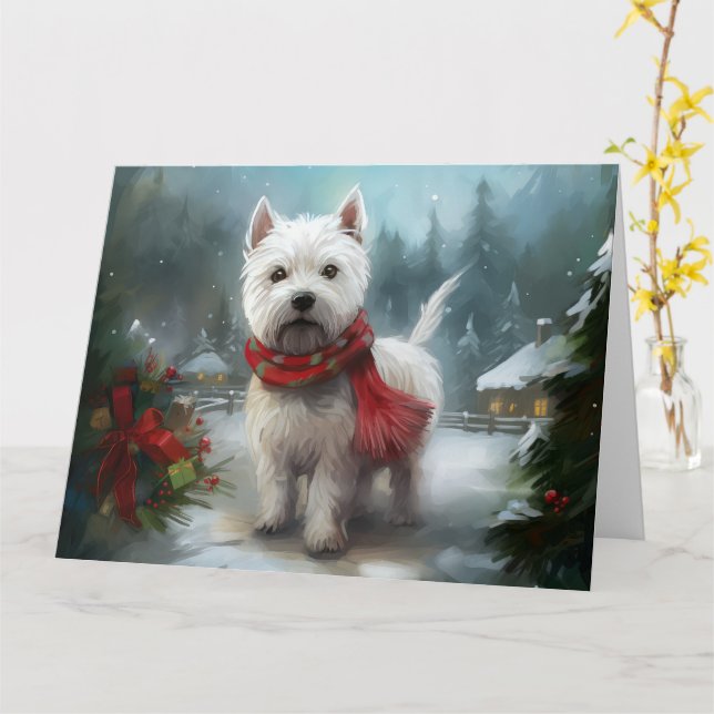 West Highland White Terrier Hund i Snö Jul Kort (Gul blomma)