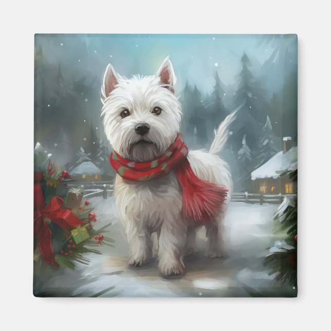 West Highland White Terrier Hund i Snö Jul Magnet (Framsidan)