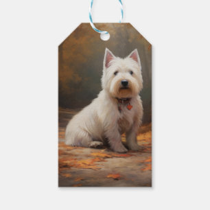 West Highland White Terrier i höstlöv faller Presentetikett