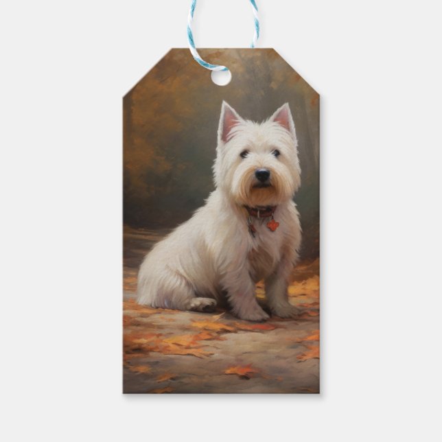 West Highland White Terrier i höstlöv faller Presentetikett (Framsidan)
