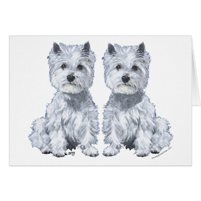West Highland White Terrier Sittande Tvillingar! Hälsningskort (Framsidan Horizontal)