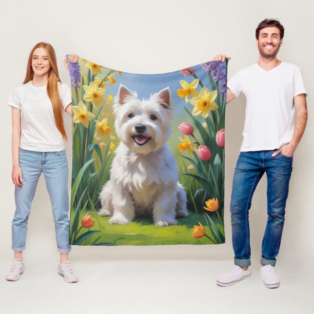West Highland White Terrier Vårblommor  Fleecefilt (På plats)