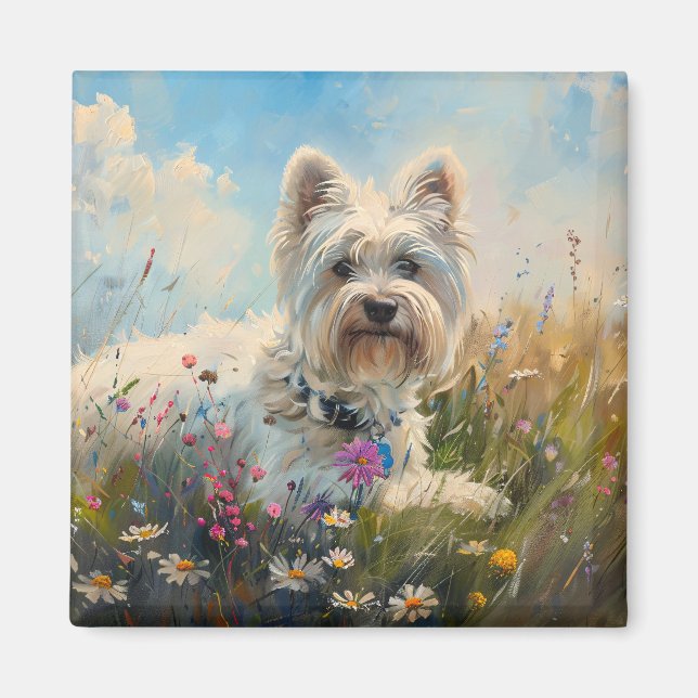 West Highland White Terrier Wildblommor Magnet (Framsidan)