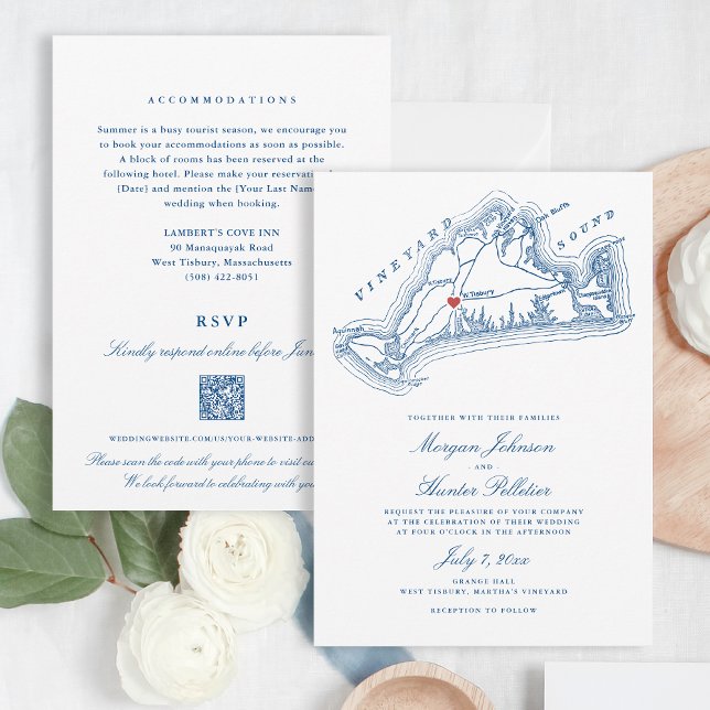 West Tisbury MA Allt-i-ett Blå QR-kod Bröllop Inbjudningar (West Tisbury Wedding All-in-one QR code Invitation for an elegant Blue Martha's Vineyard Wedding)