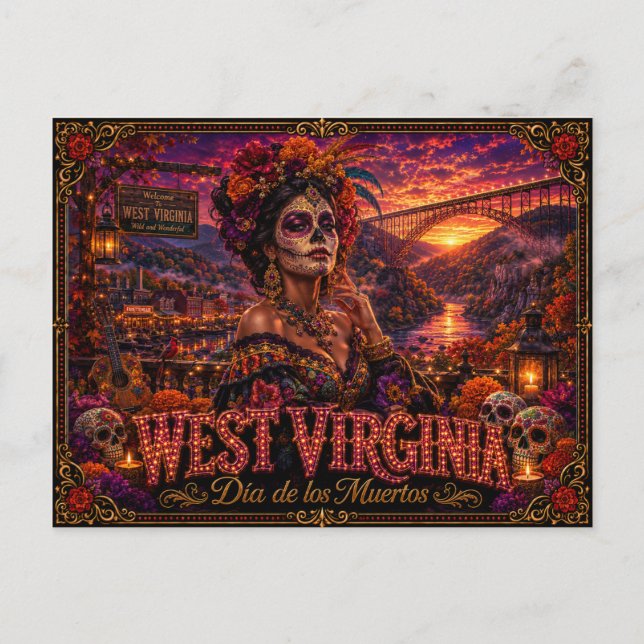West Virginia Día de los Muertos Retro Vykort (Framsida)