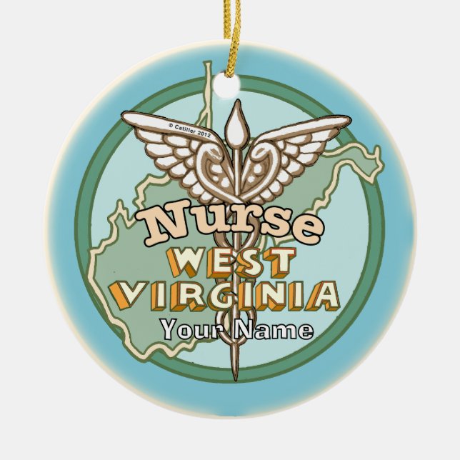 West Virginia Nurse Caduceus Julgransprydnad Keramik (Framsidan)