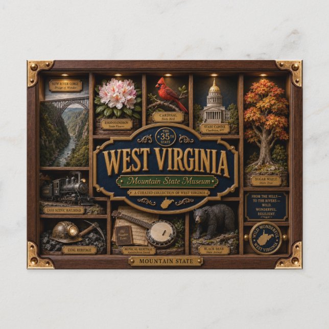 West Virginia Shadow Box 3D Figurin Delstat Vykort (Framsida)