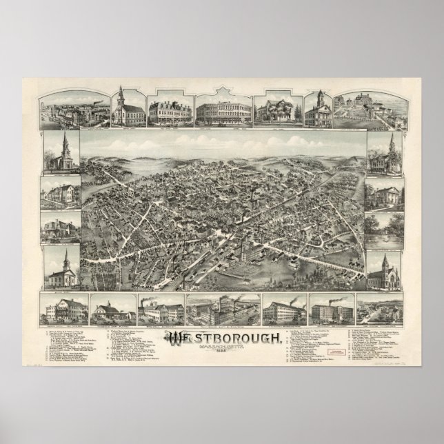 Westborough Mass. 1888 Antique Panoramic Karta Poster (Framsidan)