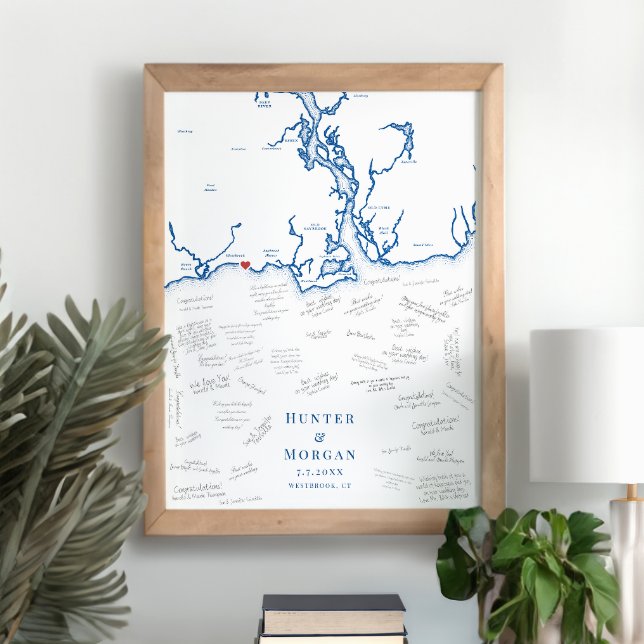Westbrook Bröllop Elegant Guest Bok Poster (Westbrook CT Map Wedding Alternative Guest Book Poster in Elegant Navy Blue from Coastal Map Designs)