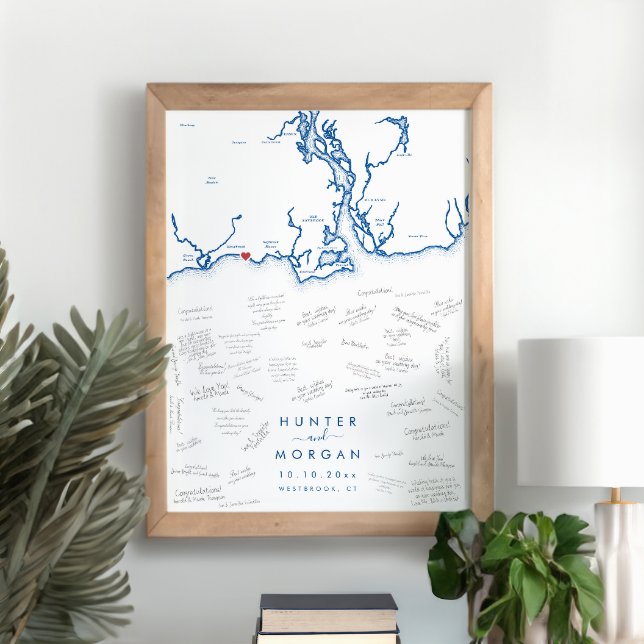 Westbrook Bröllop Modern Navy Guest Bok Poster (Westbrook CT Map Wedding Alternative Guest Book Poster in Modern Navy Blue from Coastal Map Designs)