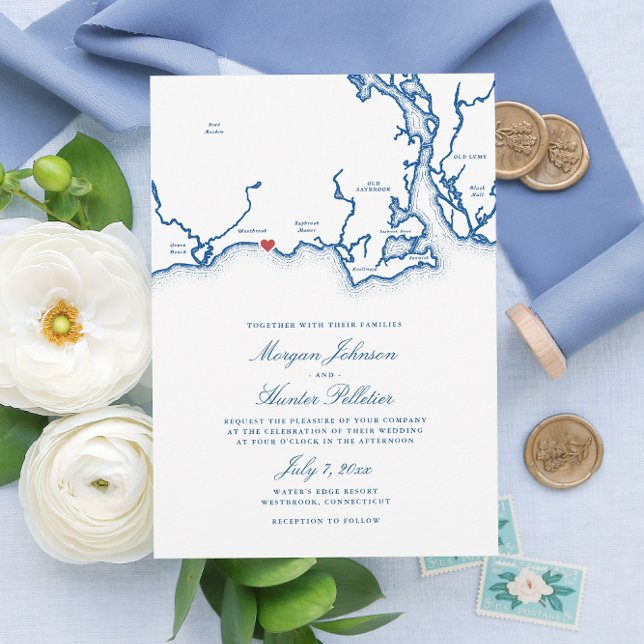 Westbrook CT Karta Elegant Navy Blue Bröllop Inbjudningar (Westbrook CT Map Wedding Invitation for an elegant blue Connecticut seaside destination wedding )