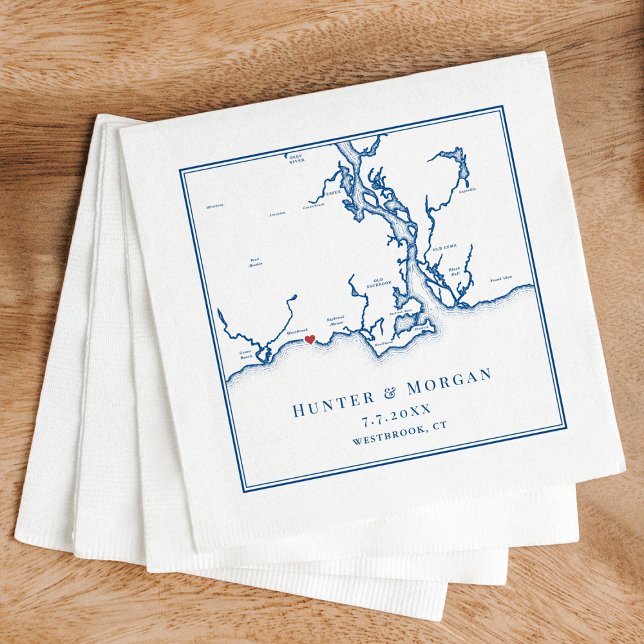 Westbrook CT Karta Elegant Navy Blue Bröllop Pappersservett (Westbrook CT Map Wedding Napkins for a Waters Edge Resort destination wedding in navy blue)