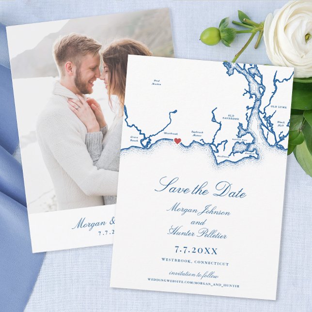Westbrook CT Karta Elegant Navy Blue Bröllop Spara Datumet (Westbrook CT Map Wedding Save the Date for a Waters Edge Resort destination wedding in navy blue)