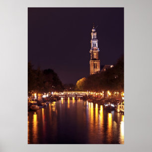 Westerkerk vid natt i Amsterdam Nederländerna Poster