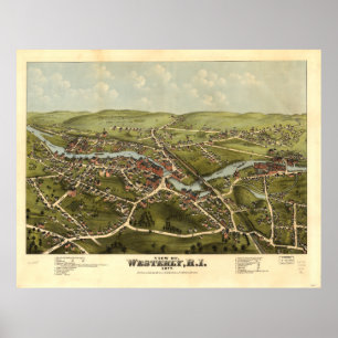 Westerly Rhode - antik panorama- karta för ö 1877 Poster