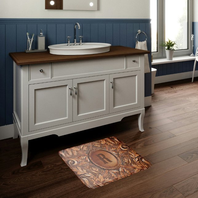 Western Anpassningsbar för utskrift av läder Badrumsmatta (Western Tooled Leather Collection 
Custom Initial Bath Mat)