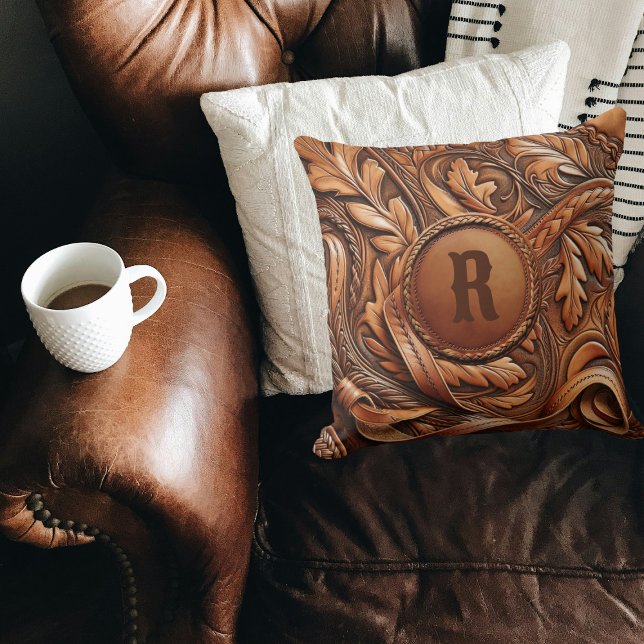 Western Anpassningsbar för utskrift av läder Kudde (Western Tooled Leather Collection 
Custom Initial Throw Pillow)