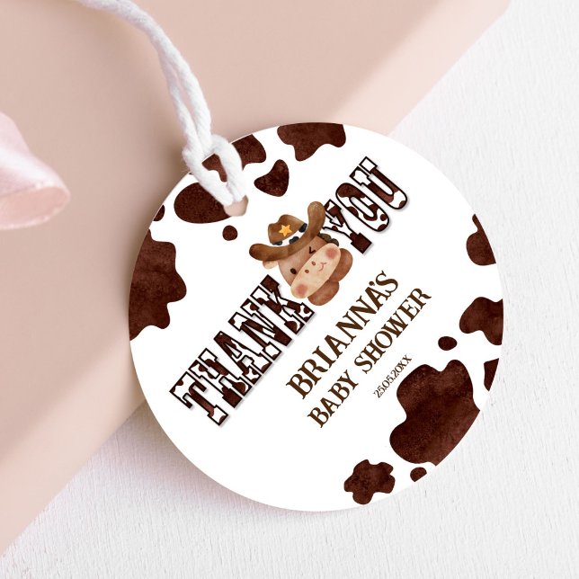 Western babydusch för babyarna häst gåvor etiketter (Cowboy cute baby horse western baby shower thank you favor tags cow pattern horses ranch themed)