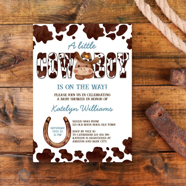 Western babydusch för babyarna häst inbjudningar (Cowboy cute baby horse blue brown cow pattern ranch western baby shower invitation template download)