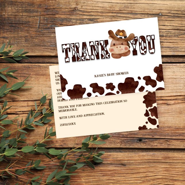 Western babydusch för babyarna häst tack kort (Cowboy cute baby horse western baby shower thank you card brown cow pattern ranch hacienda farm)