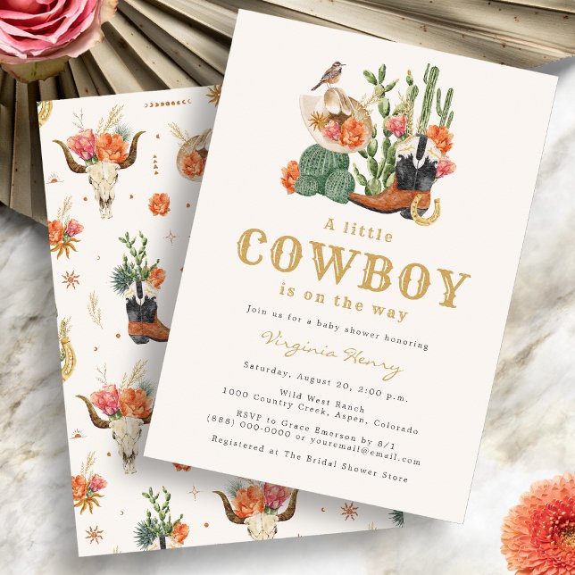 Western babystövel inbjudningar (Boho A Little Cowboy Western Theme Baby Shower Invitation by Painted Paperie
)
