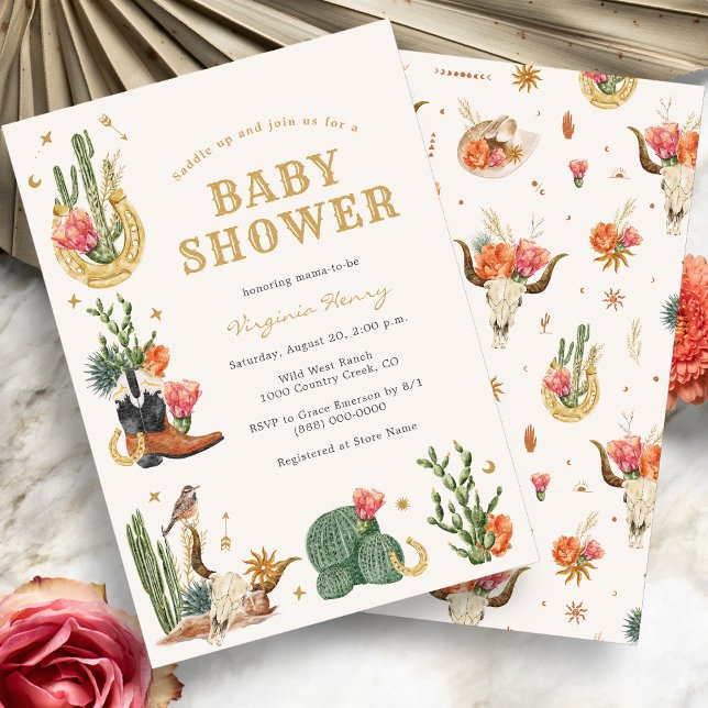 Western babystövel inbjudningar (Boho Western Watercolor Cowboy Baby Shower Invitation by Painted Paperie
)