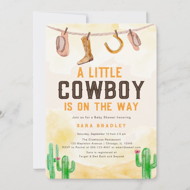 Western babystövel med vattendfärg Little Cowboy Inbjudningar (Framsida)
