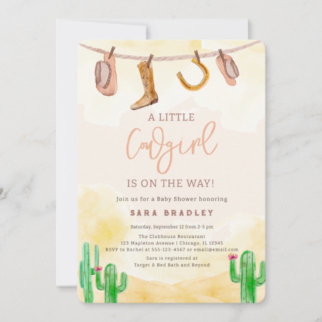 Western babystövel med vattendfärg Little Cowgirl Inbjudningar (Framsida)