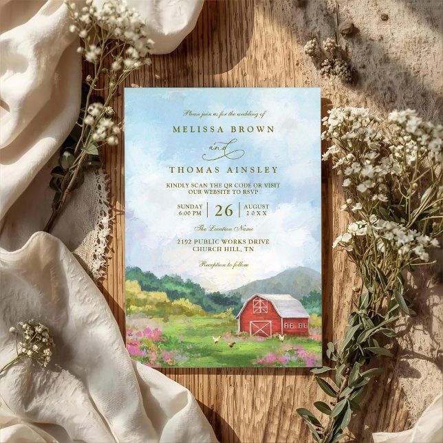 Western Barn Rustic Countryside QR Code Wedding Inbjudningar (Skapare uppladdad)