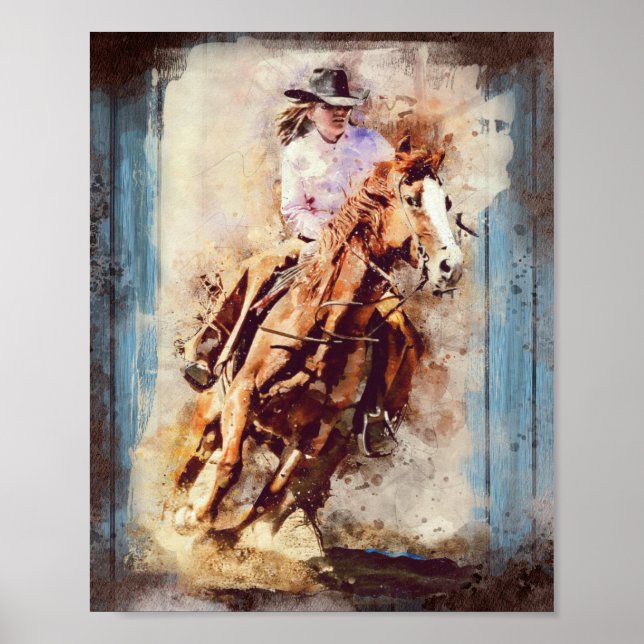Western Barrel Tävla Cowgirl Decoupage Poster (Framsidan)