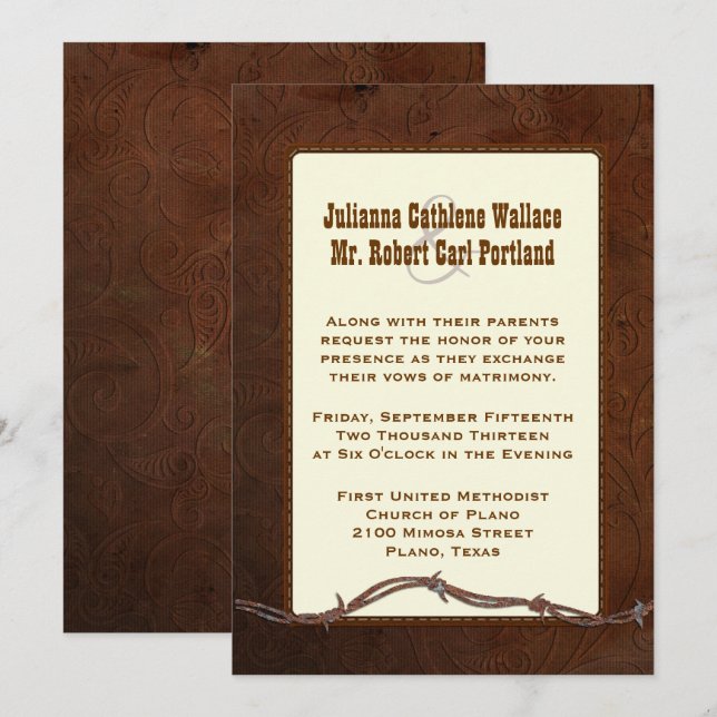 Western bearbetad läderpersonligt bröllpinbjudan inbjudningar (Fram/baksida)
