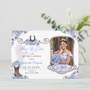 Western blå Quinceañera Spara datumfoto Inbjudningar