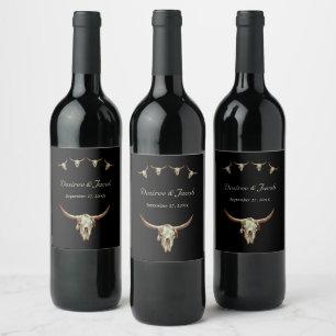 Western Black Rustic Bröllop Cow Bull Skull Vinflaska Etikett
