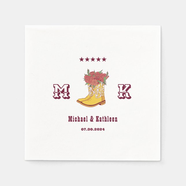 Western Blommigt Cowboy Boot Monogram Rustic Bröll Pappersservett (Framsidan)
