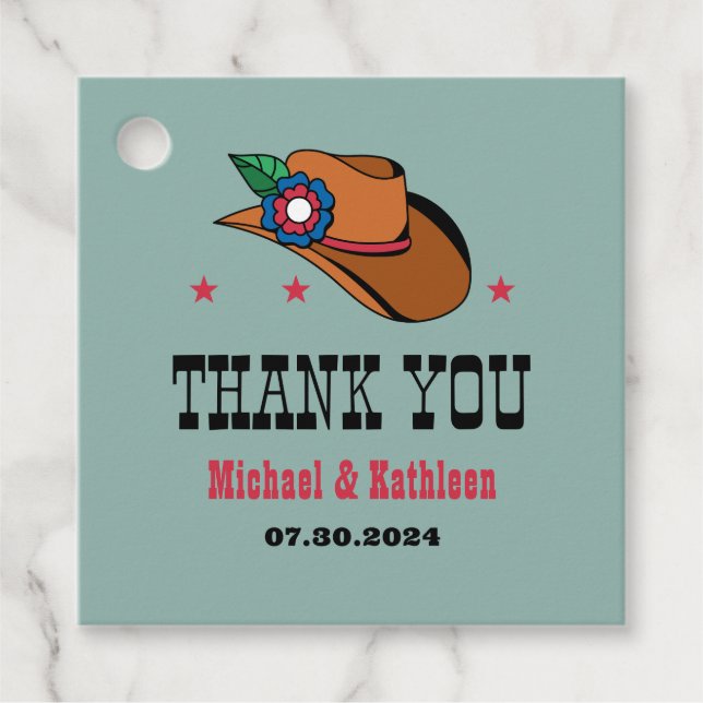 Western Blommigt Cowboy Hat Rustic-Landsbyggsbröll Gåvor Etiketter (Framsida)