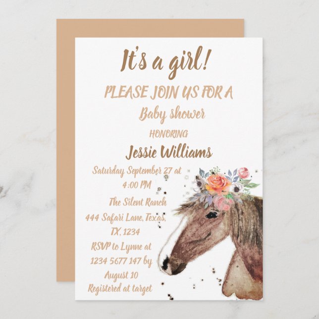 Western Blommigt för Cute Horse Boho Ranch Flicka Inbjudningar (Fram/baksida)