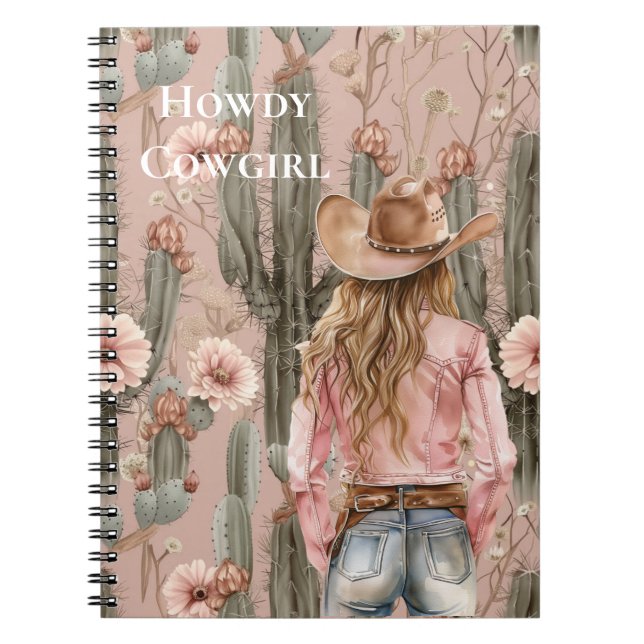 Western Blond Cowgirl Rosa Cactus Blommigt Anteckningsbok (Framsidan)