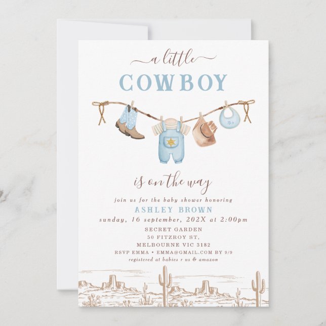Western Blue Brown Clothesline Cowboy Baby Shower Inbjudningar (Framsida)