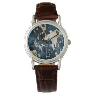Western Blue Brown Guld Cowhide Armbandsur