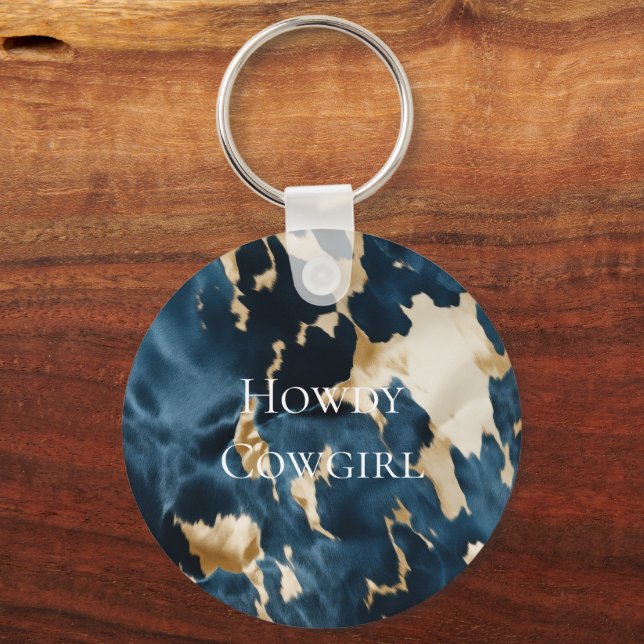 Western Blue Cream Guld Cowboy Cowgirl Cowhide Nyckelring (Framsida)