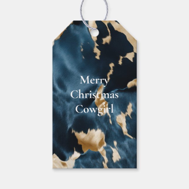 Western Blue Cream Guld Cowboy Cowgirl Cowhide Presentetikett (Framsidan)