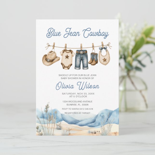 Western Blue Jean Baby Shower  Inbjudningar (Stående Fram)