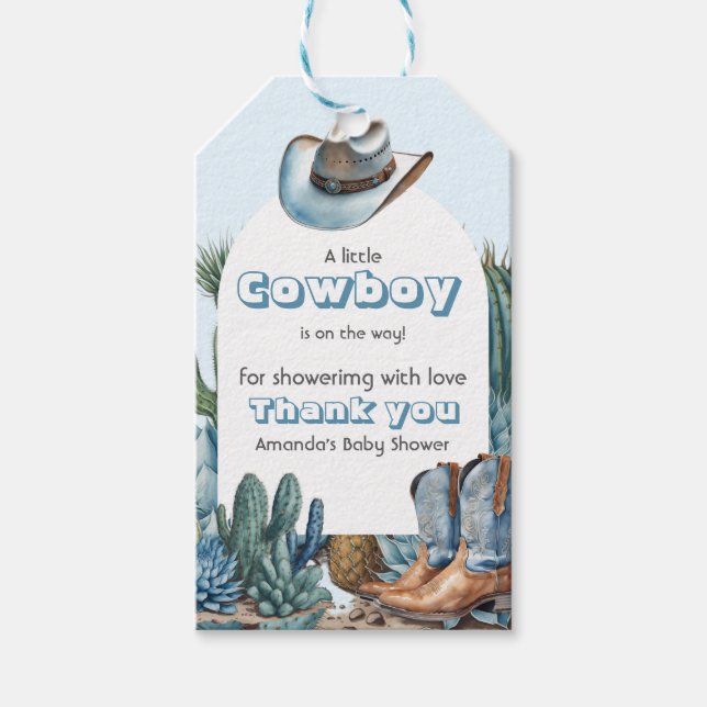 Western Blue Little Cowboy Rodeo Boy Shower Presentetikett (Framsidan)