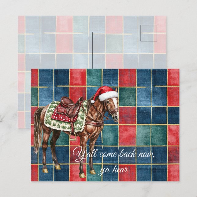 Western Blue Red Horse God jul Y'all Vykort (Fram/baksida)