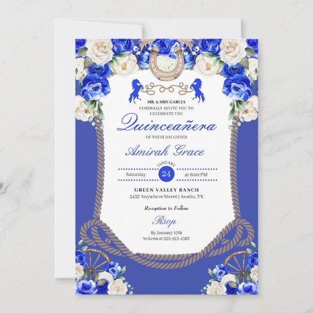 Western Blue Ro Charro Cowgirl Quinceañera Inbjudningar (Framsida)