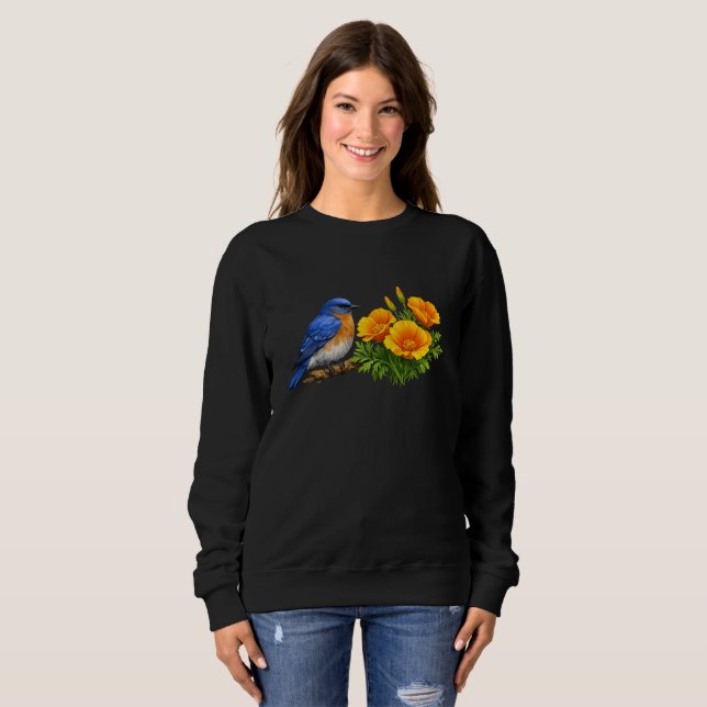 Western Bluebird with California Poppies  T Shirt (Hel framsida)